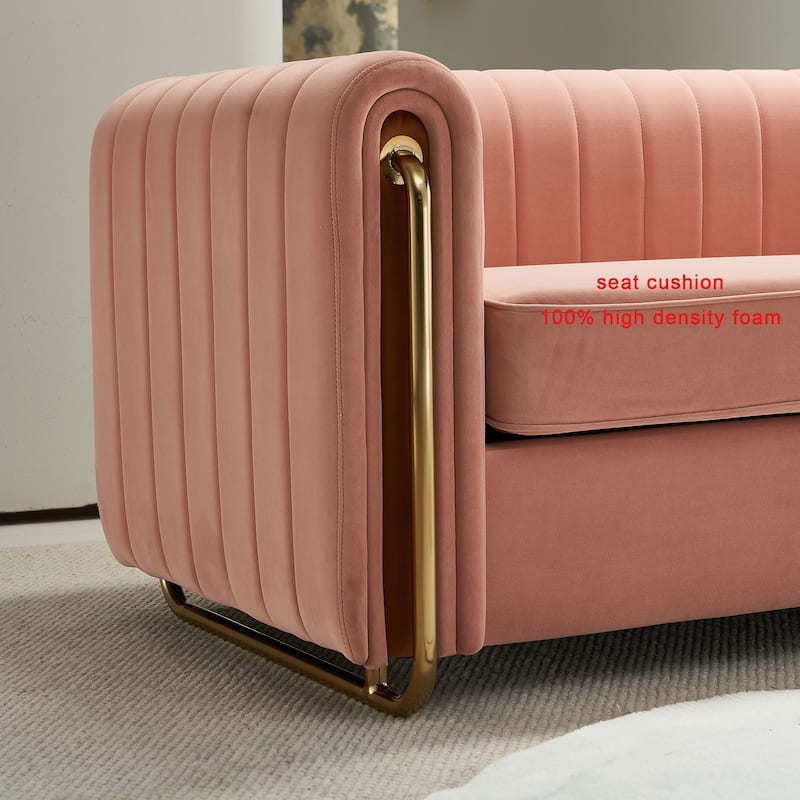 Luxurious Contemporary Velvet Sofa with Polished Gold Legs and Channel Tufting for Elegant Living Spaces