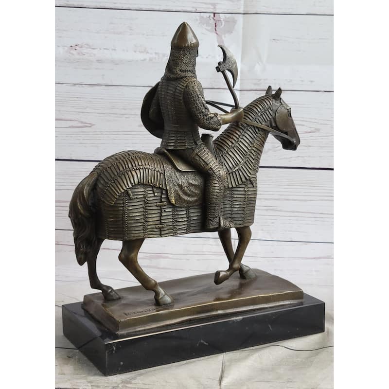Medieval European Warrior Knight On Horseback Bronze Sculpture Statue On Marble Base
