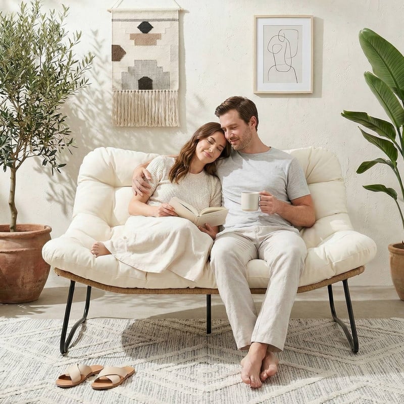 Modern Outdoor Papasan Loveseat with 5" Extra-Thick Cushion, 2-Person Patio Lounge Egg Chair for Balcony & Garden