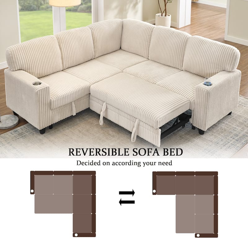 L-Shaped 5-Seat Sofa Bed, Convertible with USB, Beige Corduroy, Storage