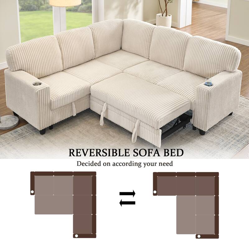 Oversized Corduroy Sectional Sleeper Sofa with Pull-Out Bed, L-Shaped 5-Seater Upholstered Couch Bed with USB Charging Ports