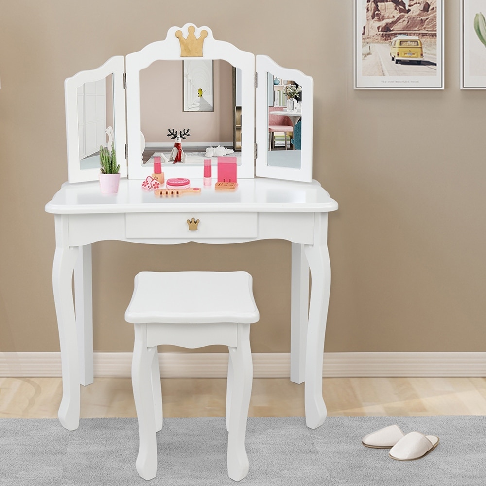 Kids Vanity Table and Stool Set Table Three-Sided Folding Mirror Kids Vanity