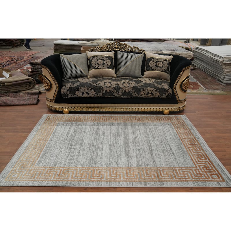 Machine Made Oriental Polyester Carpet Geometric Greys & Charcoal Distressed Area Rug - 7' 5'' X 5' 2''