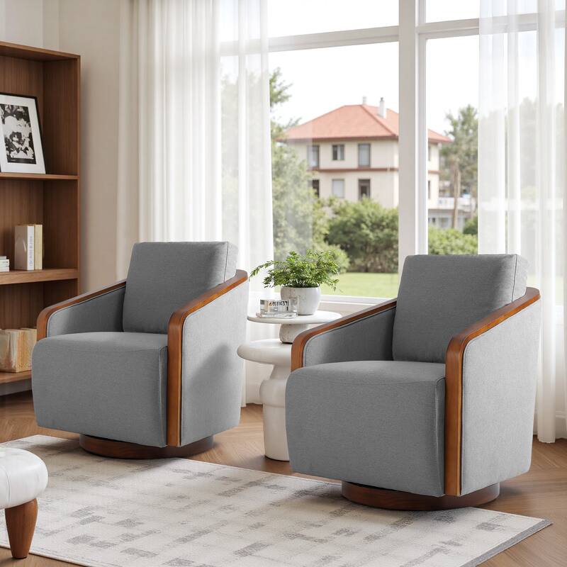 Set of 2 Modern 360° Swivel Accent Barrel Chairs with Wood Arms - Light Grey