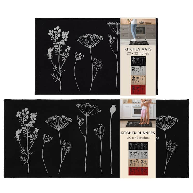 Wool Effect Wildflowers Kitchen Mat or Runner Rug - Set of 2 - Black/Gray