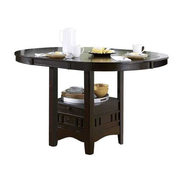 shop oval wooden counter height table with extension leaf and open shelf brown on sale overstock 31633259 shop oval wooden counter height table