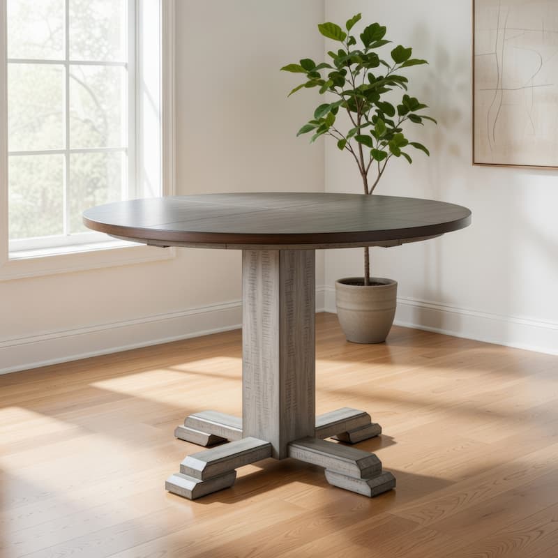 Camie Dining Table, 40 Inch Brown Round Top w Drop Leafs, Rustic Gray