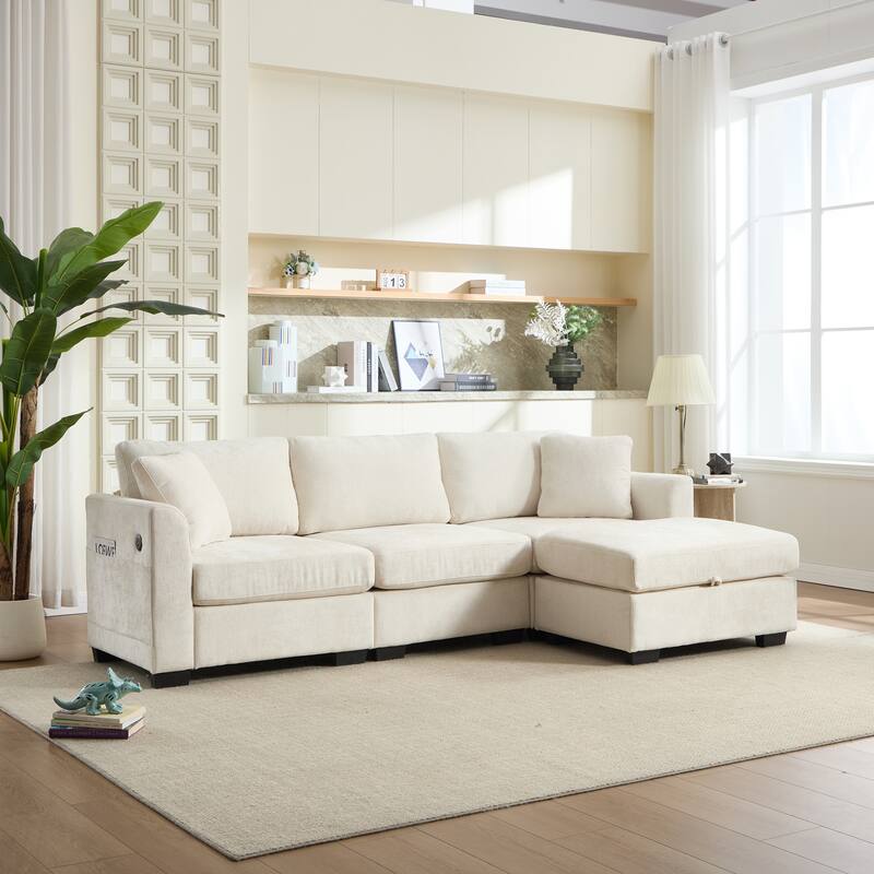 L-Shaped Modular Sectional Sofa with Storage Ottoman, 97" Chenille Corner Couch with USB Ports, Side Pockets