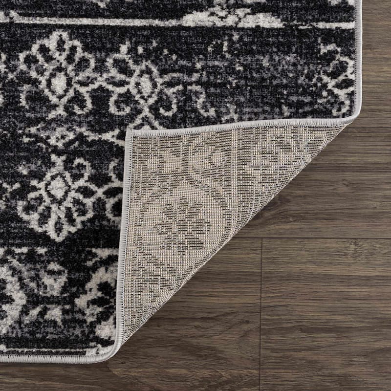 Hauteloom Kahramankazan Hallway, Kitchen Machine Washable Runner Rug - Black, Gray, Light Gray - 2'7" x 7'3"