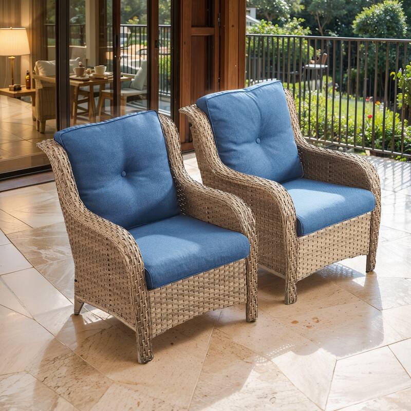 Pocassy Outdoor Patio Chairs Ottoman Table with 4 Inch Cushion - 2 Pieces Patio Chair - Yellow Rattan Blue Cushion