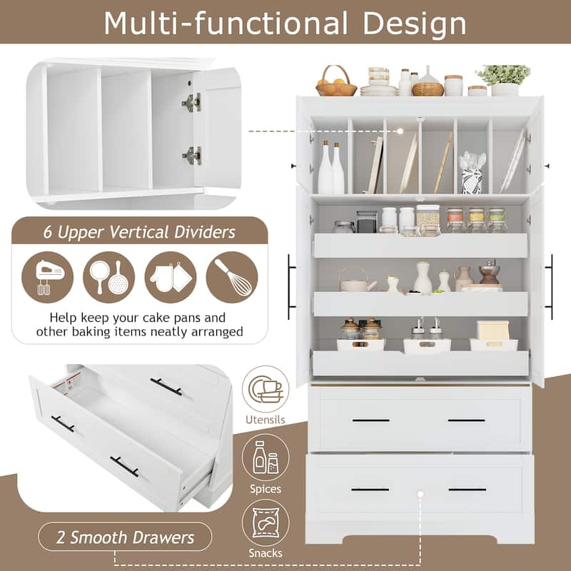 Farmhouse 72.6" Tall Kitchen Pantry with 4 Doors Storage Cabinet , 2 Drawers and Pull-out Trays for Cake Pan Storage Organizer