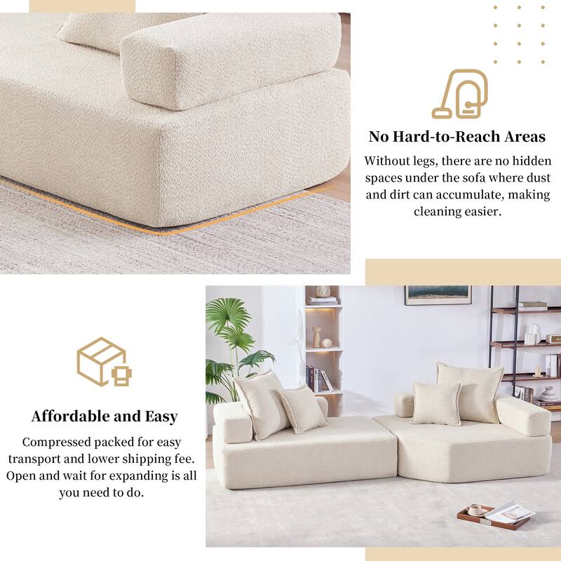 Oversized Modular Sofa, Convertible Compressed Couch, Beige Boucle, 2 PC Free Combo, 104x48x24 inches, 112 lbs