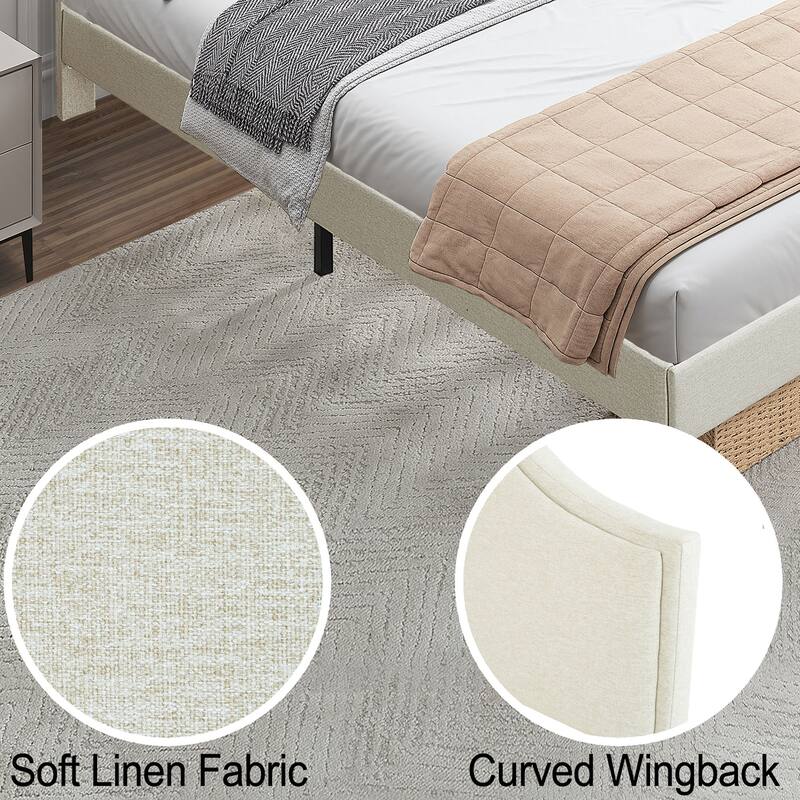 King Size Upholstered Platform Bed with Adjustable Headboard, Linen Fabric, Modern Design, Easy Assembly, Beige