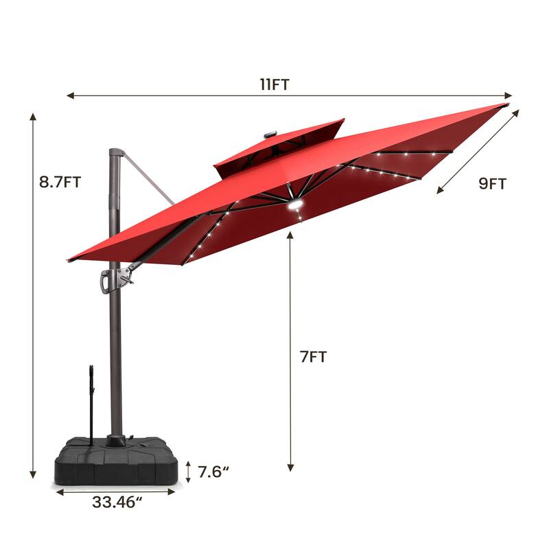 Pellebant 9x11 FT Outdoor Patio Double Top Cantilever Umbrella Solar LED Lighted with Rod Base