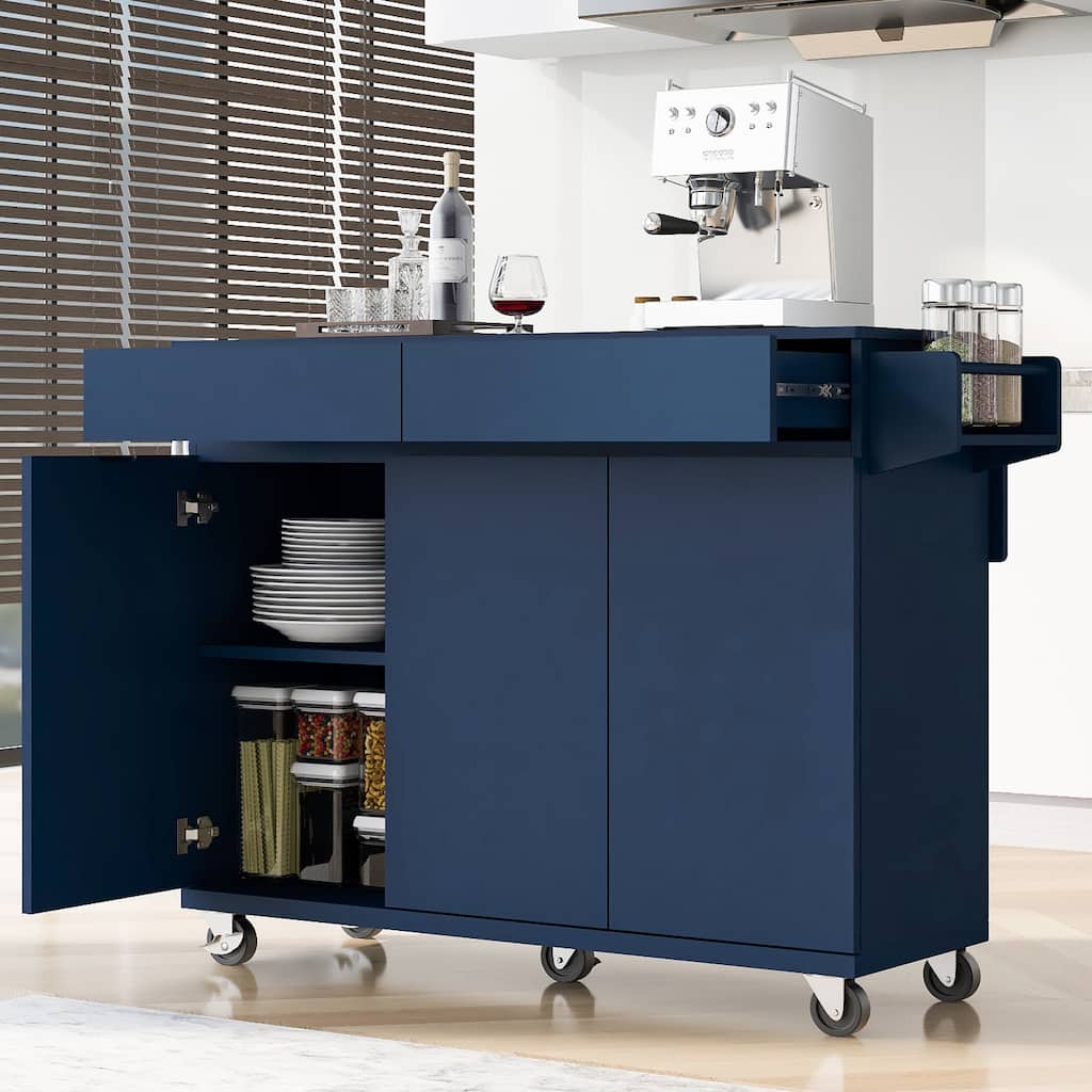 Kitchen Island with Drop Leaf and Adjustable Shelves, Rolling Storage Cart with Spice Rack, Towel Rack & Drawers for Dining Room