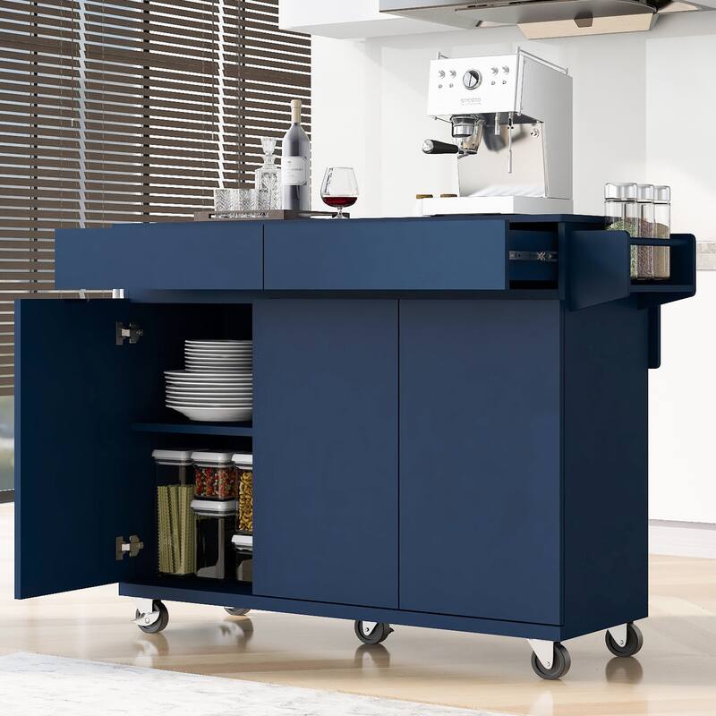 Rolling Kitchen Island Cart on Wheels with Adjustable Shelves, 2 Drawers, and Spice Rack