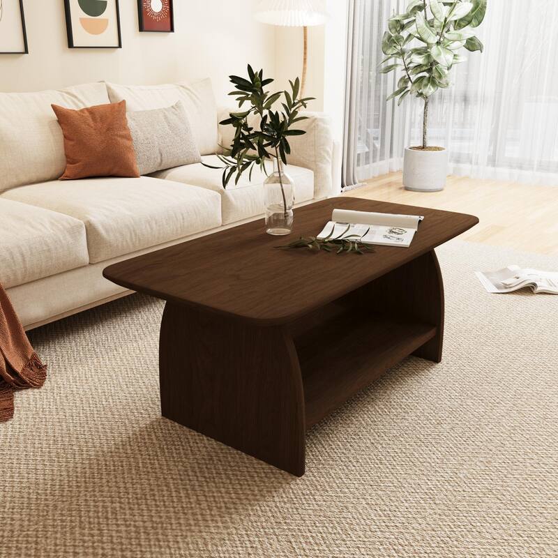 Modern Living Room Coffee Table, 47 Inch Double-Layer Rectangular With Storage Function, Safety Rounded Design, MDF Material