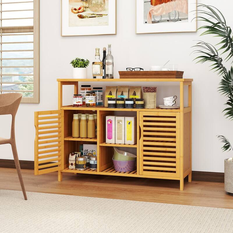 Gymax Bamboo Bathroom Cabinet 2-Door Storage Organizer w/ Shelves for