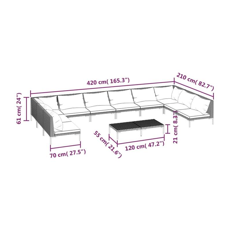 vidaXL Patio Lounge Set Outdoor Sectional Corner Sofa Poly Rattan Dark Grey - 27.6" x 27.6" x 24"