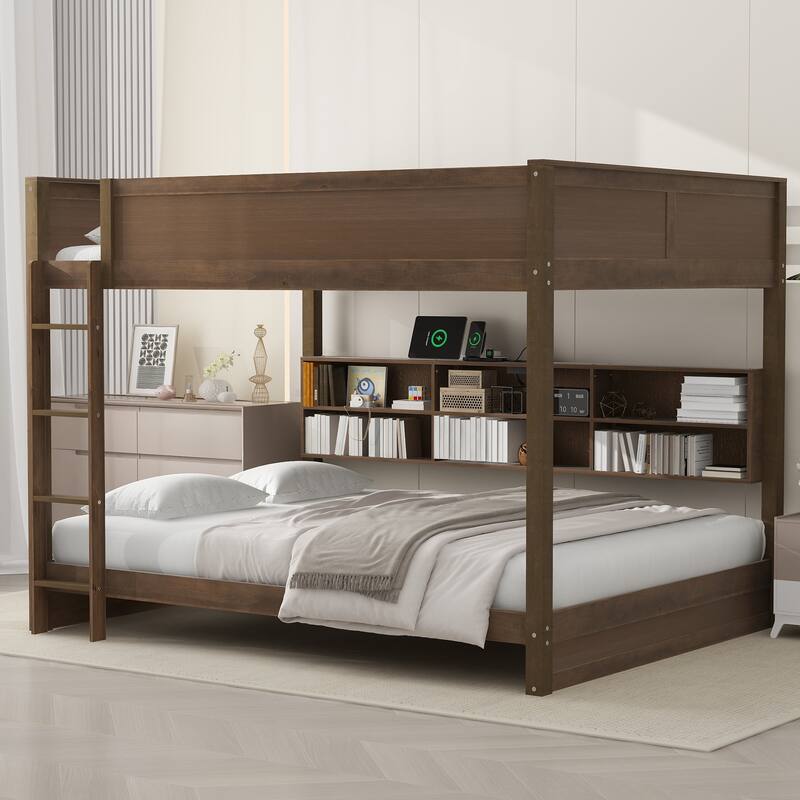 Brown Queen over Queen Solid Wood Bunk Bed with Storage and USB - Brown