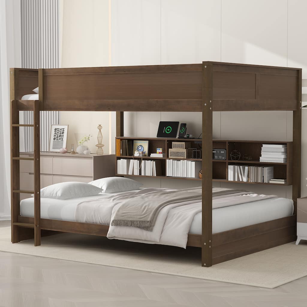 Queen over Queen Bunk Bed with Storage Cabinets and USB Ports