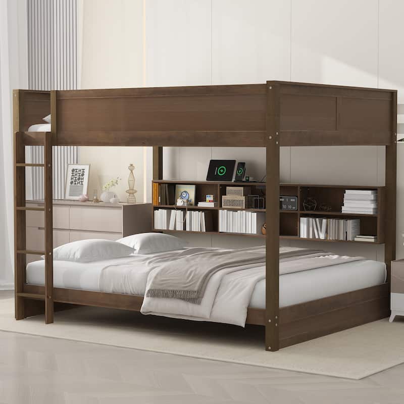 Queen over Queen Solid Wood Bunk Bed with Storage - Brown