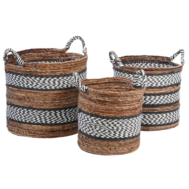 Hylde Hand Woven Tri-Colored Banana Stalk and Cotton Patterened Nesting Storage Baskets, Set of 3