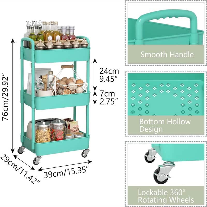 3-Tier Plastic Rolling Utility Cart - 11.42"D x 15.35"W x 29.92"H