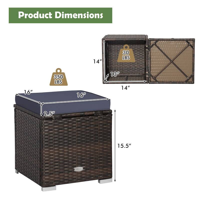 2-Pieces Patio Ottoman Set Outdoor Wicker Stool with Storage