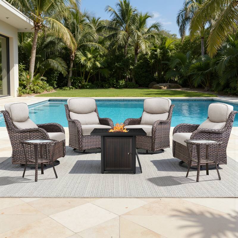 Meyreso 7-Piece Outdoor Patio Wicker Fire Pit 4 person Conversation Set with 5-Inch Thick Cushions - Beige Cushions - Brown Wicker