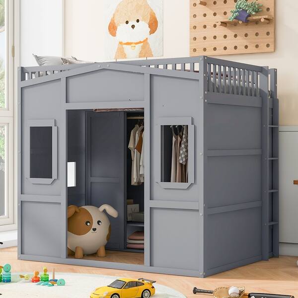 slide 2 of 28, Full Size House Loft Bed with Built-in Wardrobe, Ladder, and Solid Pine Wood Construction, Guard Rails for Safety, Grey