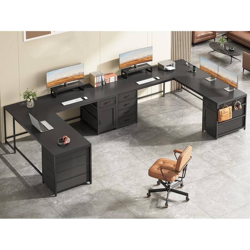 L Shaped Computer Desk 5 fabric Drawers Gaming Desk Storage Shelf