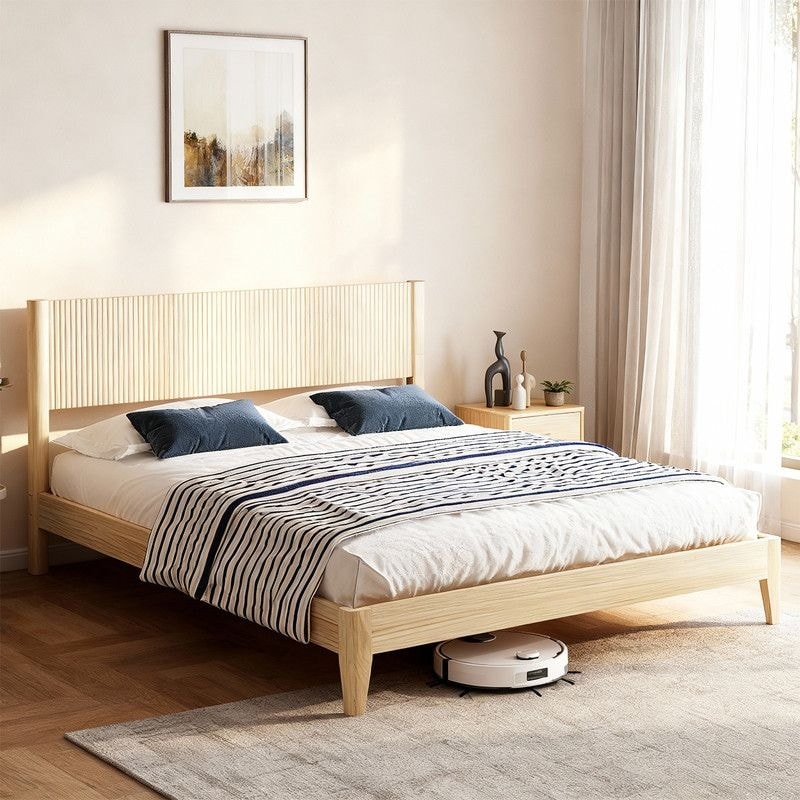 Solid Wood Bed Frame Platform Bedframe with Headboard Grille Style