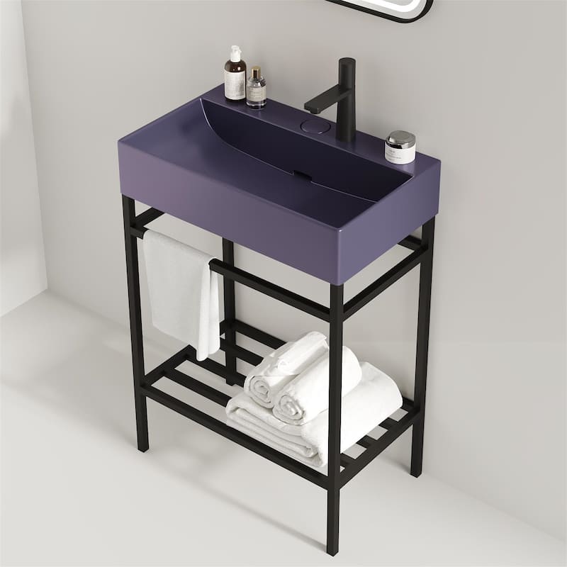 24" Bathroom Vanity Set with Ceramic Basin and Storage Shelves (No Faucet) - Purple