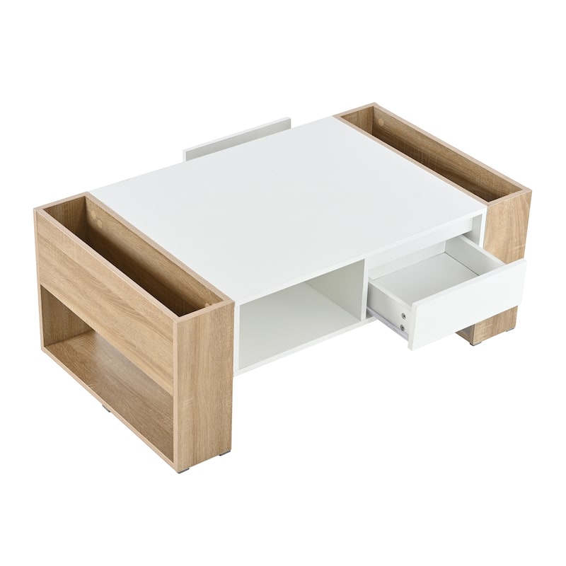 Roomfitters Modern High Gloss Coffee Table with Open Shelf, Practical Rectangle Center Table with Hidden Storage