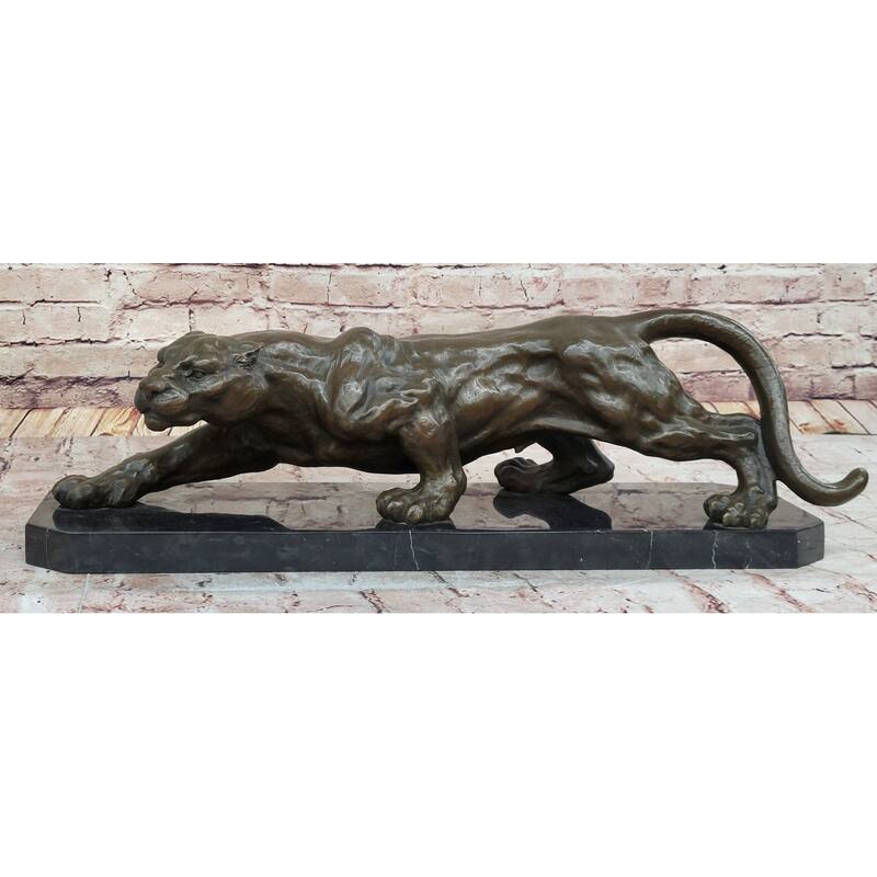 Stalking Panther Cougar Lioness Bronze Sculpture Statue Figure Art On Marble Base