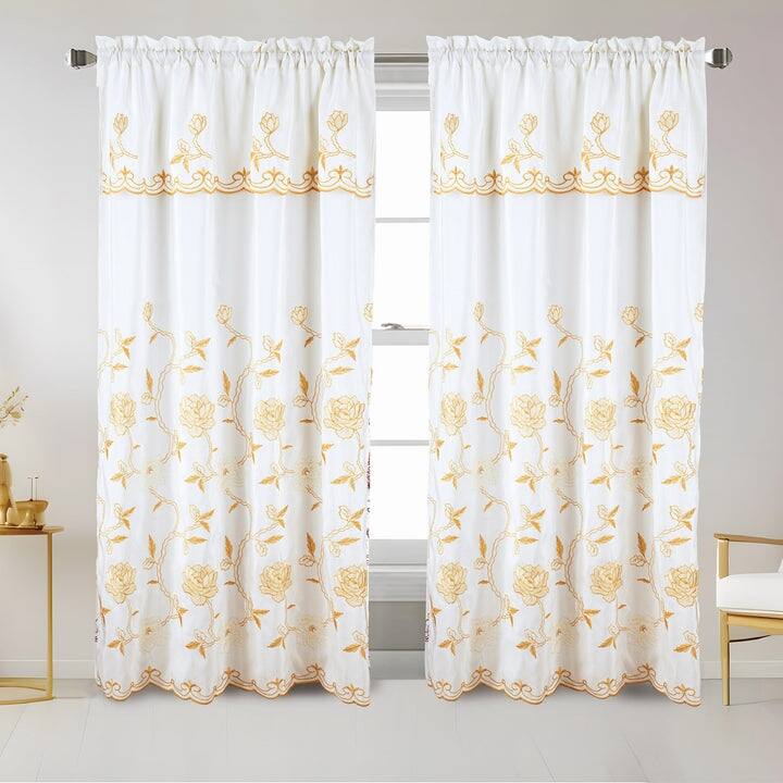 Mariana Embroidered Floral Rod Pocket Window Curtain Panel with Valance, 55x84 Inches - 55x84 Inches - Beige/Gold