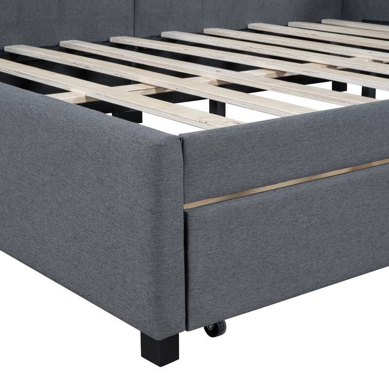 Full Size Upholstered Daybed with 2 Storage Drawers Sofa Bed Frame No Box Spring Needed, Linen Fabric