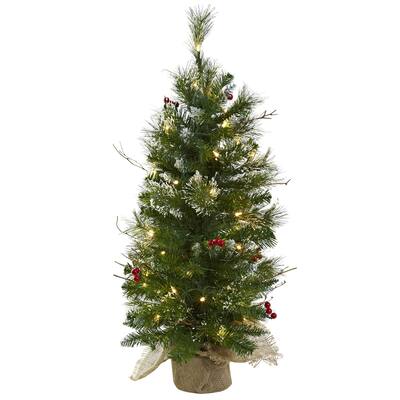 3ft. Artificial Christmas Tree with Clear Lights, Berries & Burlap Bag - Petite Festive Holiday X-Mas Accent