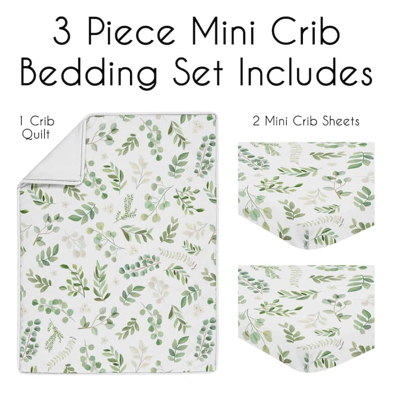 Sweet Jojo Designs Boho Floral Leaf Boy Girl 3pc Mini Crib Bedding Set Sage White Bohemian Gender Neutral Watercolor Botanical