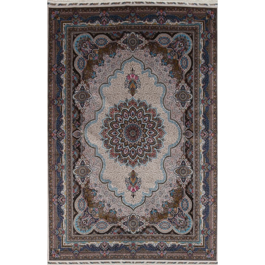 Victorian Style Qum Turkish Area Rug Beige Machine Made Carpet - 7'8" x 11'1"