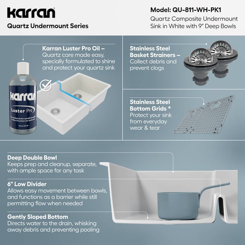 Karran 32" Undermount Large/Small Bowl Quartz Kitchen Sink Kit - 32" x 21.25" x 9"