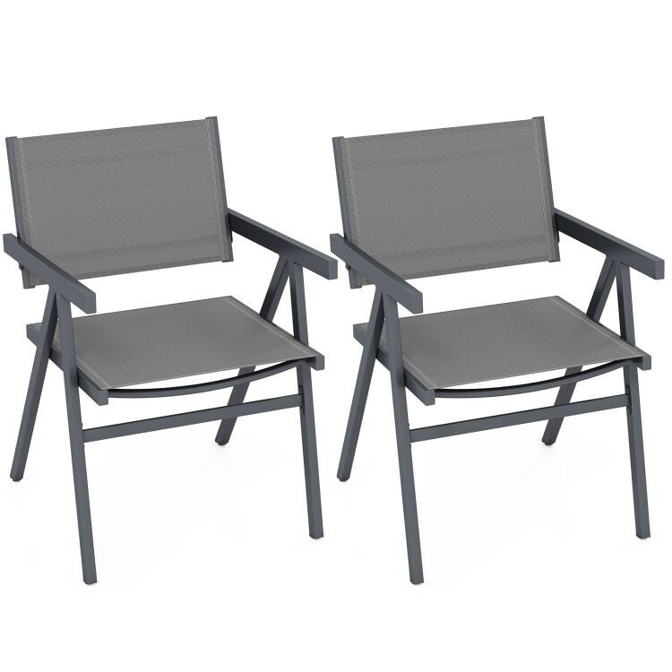 Brown-Black Fabric Metal Outdoor Dining Chairs Patio - Set of 2