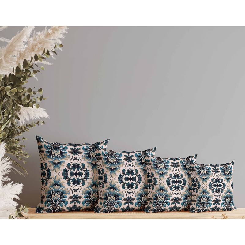 Damask Rapture Indoor/Outdoor Reversible Throw Pillow Turquoise and Beige