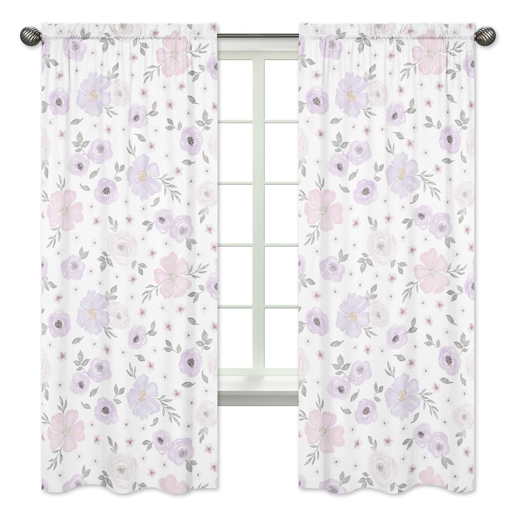 Sweet Jojo Designs Lavender Purple Pink Grey and White Watercolor Floral Collection 84-inch Window Treatment Curtain Panel Pair