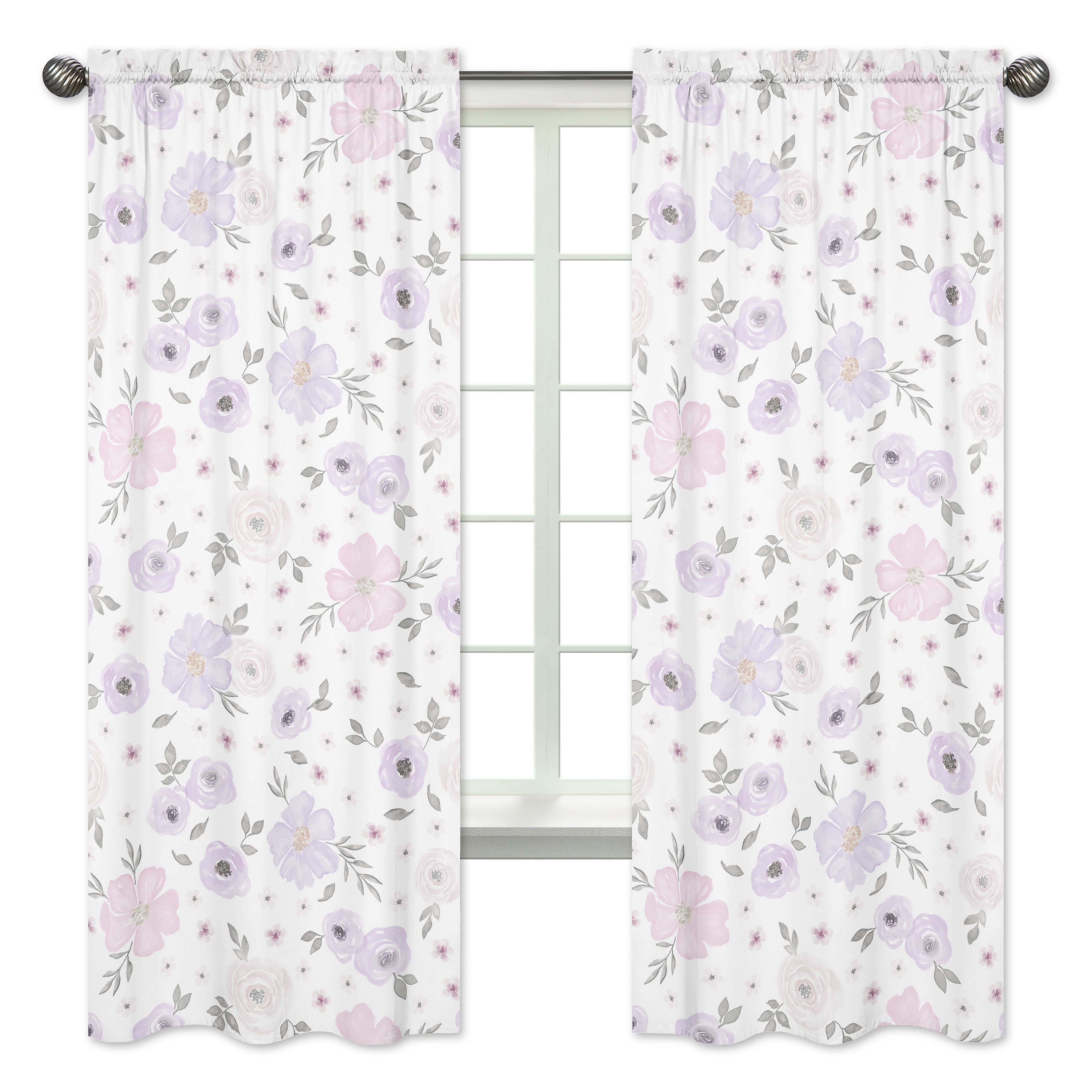 Sweet Jojo Designs Lavender Purple Pink Grey and White Watercolor Floral Collection 84-inch Window Treatment Curtain Panel Pair