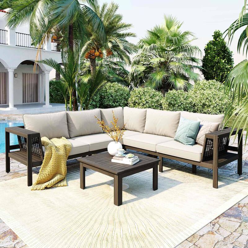 4-Piece Outdoor Acacia Wood Sofa Set with Cushions and Side Table - Beige