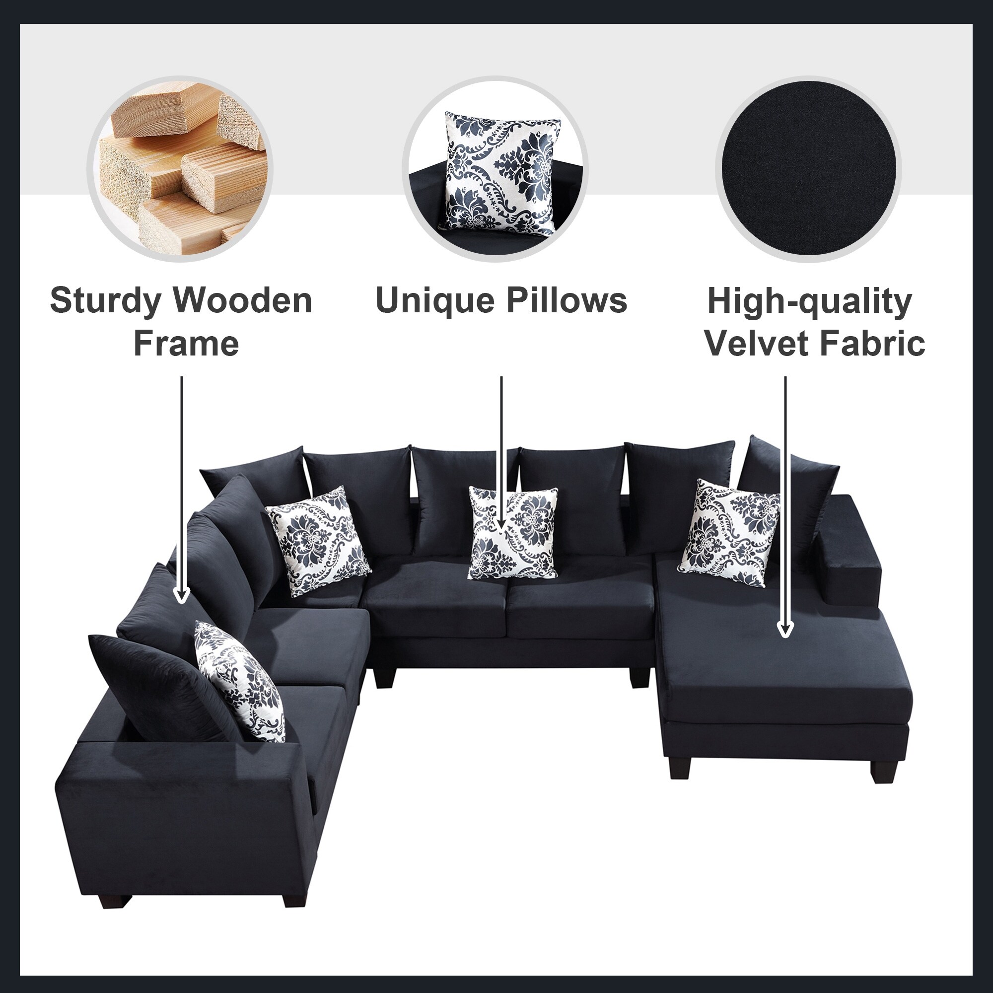 Black velvet hotsell u shaped sectional