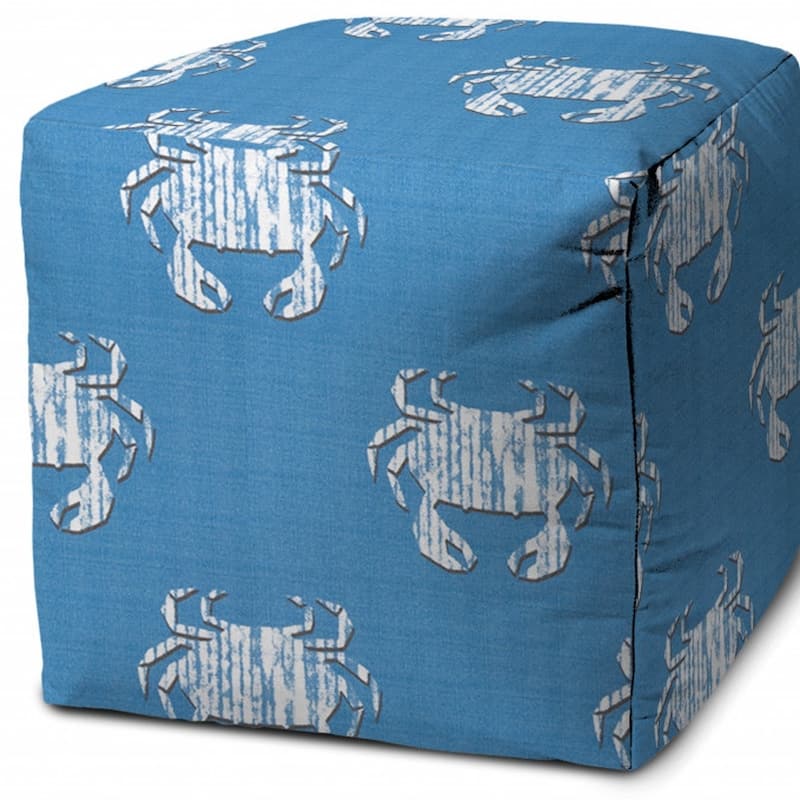 HomeRoots 17" Blue and White Polyester Cube Crab Outdoor Pouf Ottoman - 17' X '17' X '17