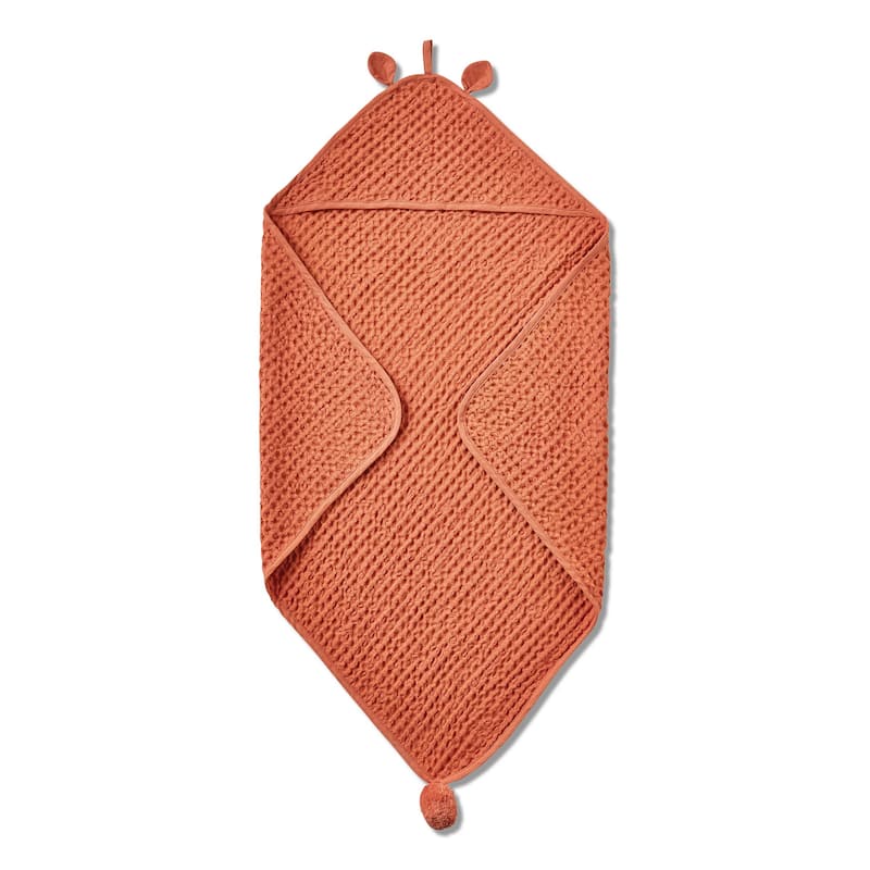 Bear Hooded Waffle Weave Towel for Baby - Terracotta Orange Cotton Bath & Kitchen Towel, Machine Washable, 31" x 31"